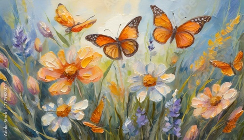 delicate wildflowers and orange butterflies painted with oil paints, Ai Generate