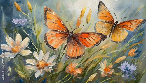 delicate wildflowers and orange butterflies painted with oil paints, Ai Generate © Yasir