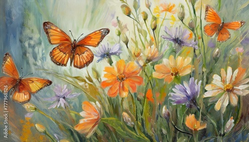 delicate wildflowers and orange butterflies painted with oil paints, Ai Generate