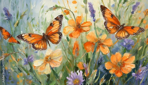 delicate wildflowers and orange butterflies painted with oil paints, Ai Generate