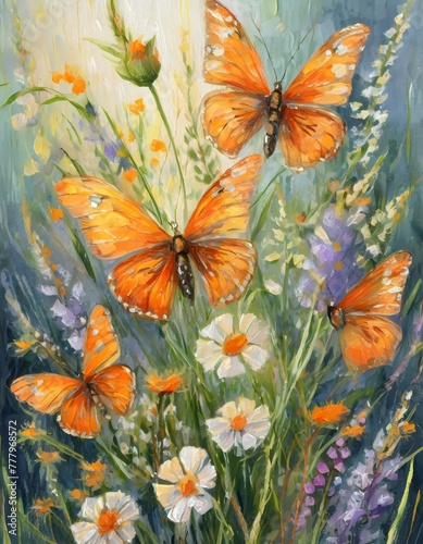 delicate wildflowers and orange butterflies painted with oil paints, Ai Generate
