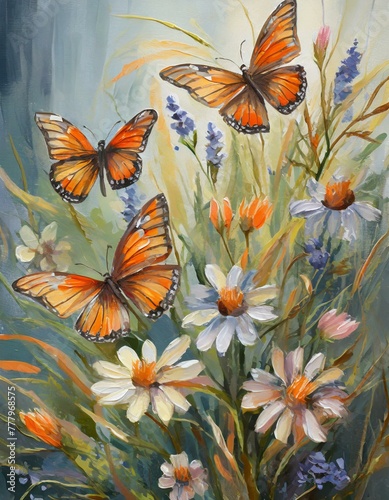delicate wildflowers and orange butterflies painted with oil paints, Ai Generate
