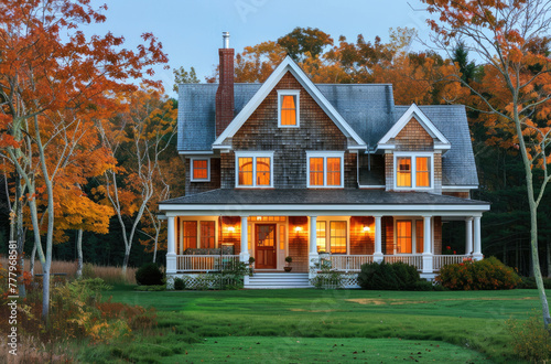 A classic New England coastal home with gable roof, large front porch and small round windows