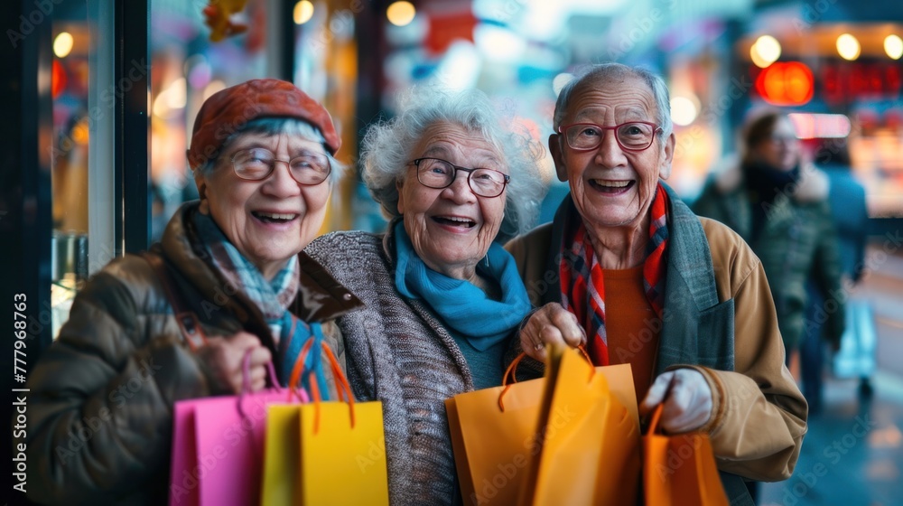 Three elderly individuals smiling joyfully, holding colorful shopping bags, standing together in a lively urban setting.