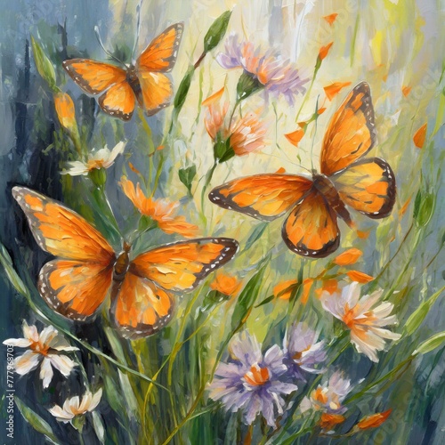 delicate wildflowers and orange butterflies painted with oil paints, Ai Generate
