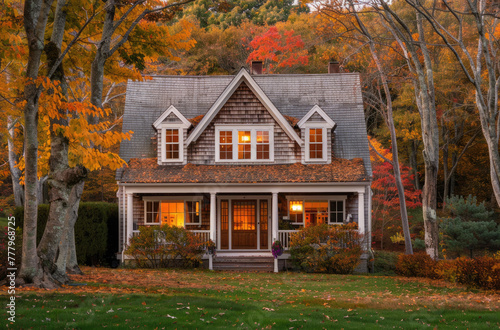 A classic New England coastal home with gable roof, large front porch and small round windows