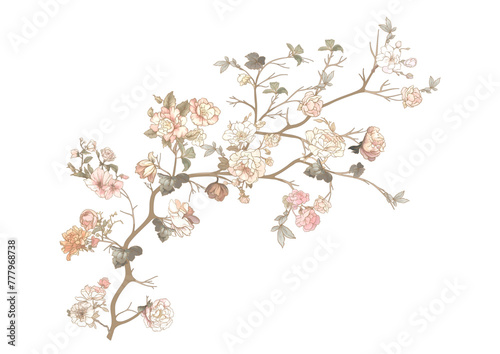 Blossom tree Clip art, set of elements for design Vector illustration. In chinoiserie, botanical style Isolated on white background.