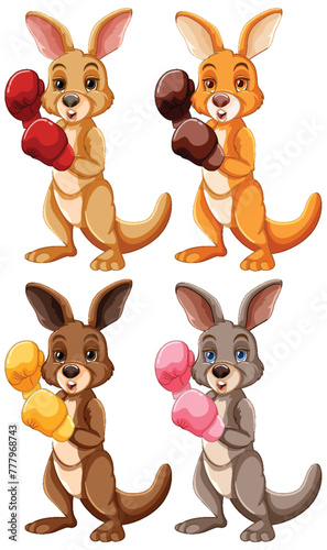 Colorful kangaroos with boxing gloves cartoon.