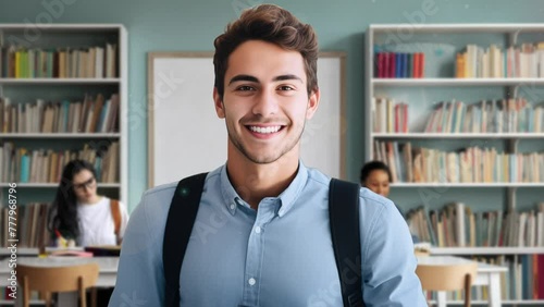 Portrait of smiling young college student holding book with library bookshelf background photo