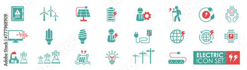 Simple Set of Electric icons. Solid icon simple style. It contains vector illustrations of the generation of electricity, windmills, Solar cells, energy, electricity, dam, and electric poles.