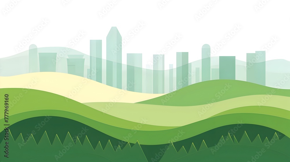 Simplistic Skyline with Rolling Hills and Eco-Friendly City Vibes in Minimalist Digital