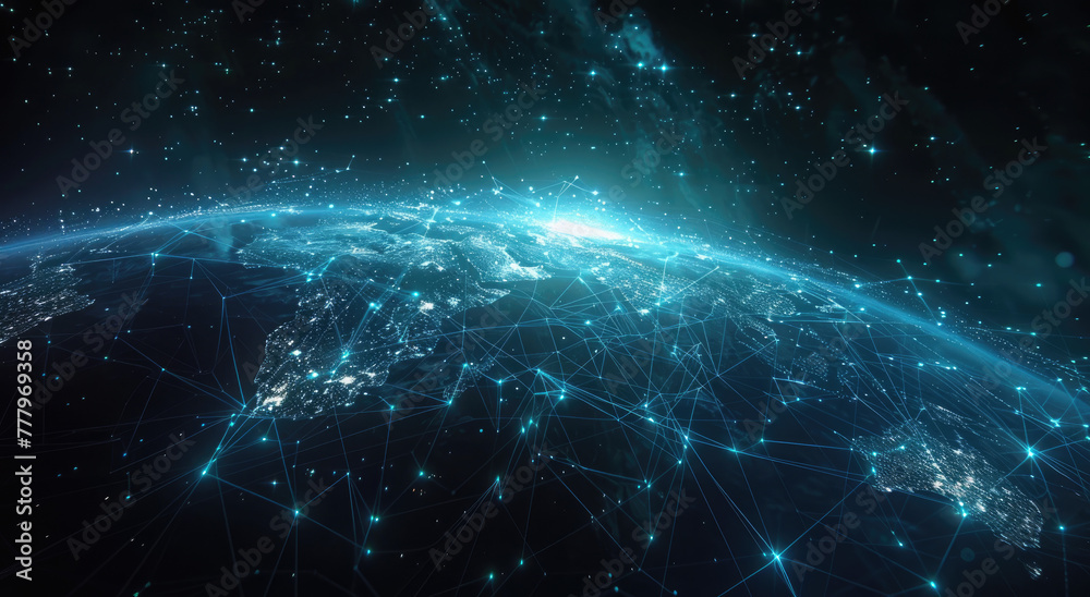 A digital rendering of the Earth with glowing blue lines connecting cities across its surface, symbolizing global connectivity and technology's role in connecting remote places