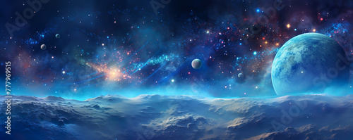 Space scene with planets  stars and galaxies. Panorama