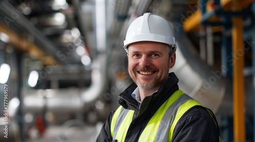A smiling man wearing a hard hat and reflective vest stands in an industrial setting with pipes and equipment in the background. © kittikunfoto