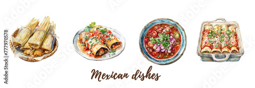 A hand-drawn watercolor illustration of mexican dishes. Mexican localties. High resolution png with a transparent background. Generative AI