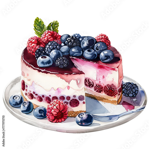 A hand-drawn watercolor illustration of cake with berries. High resolution png with a transparent background. Generative AI