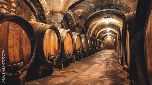 Wine barrels resting in the winery cellar. A rustic scene of craftsmanship and aging.