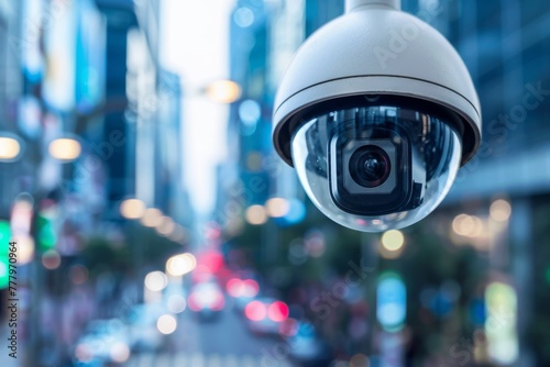 Close-up of CCTV security camera in urban setting. Surveillance system for city safety
