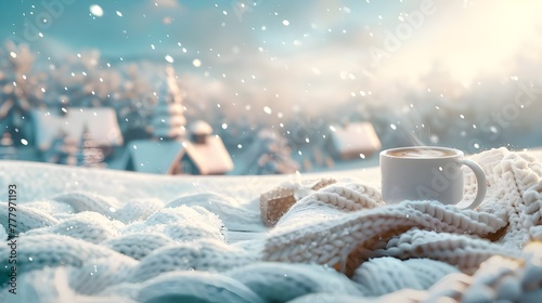 Cup of coffee in the snow Christmas and New Year background
