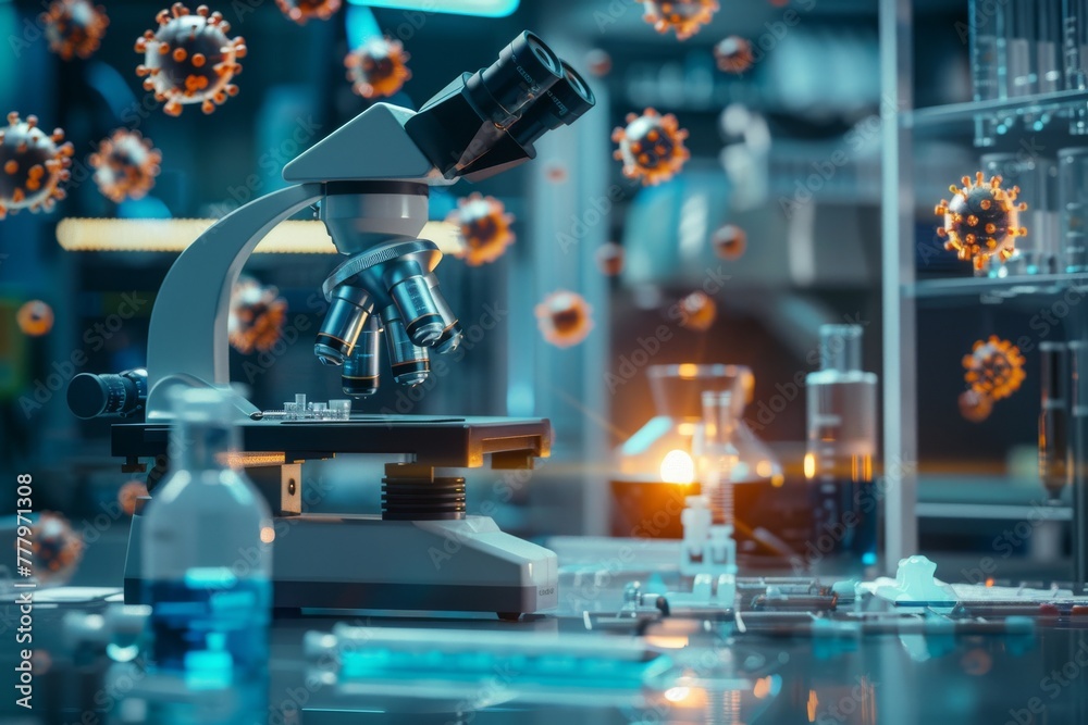 Concept of science laboratory research and development. Featuring molecule models and virus cells. Concept of science laboratory research and development. Featuring molecule models and virus cells.