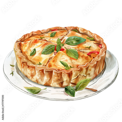 A hand-drawn watercolor illustration of quiche. High resolution png with a transparent background. Generative AI