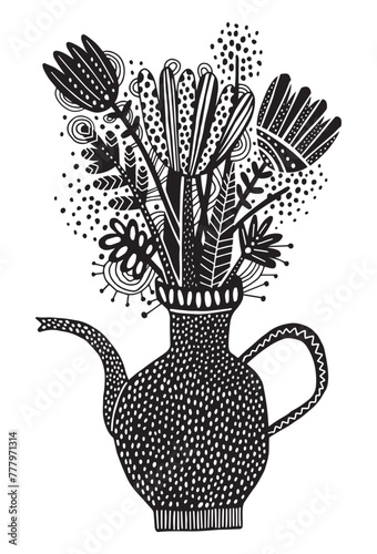 Bouquet of flowers in vase linocut style illustration