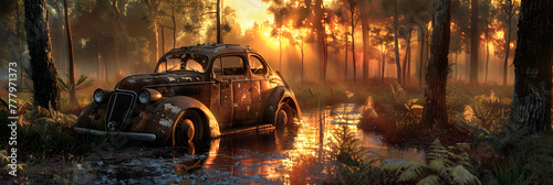 Rusty car wreck in a forest sunlight peeking through created, Rusty car wreck sinking into a muddy swamp area created. 