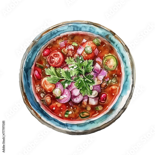 A hand-drawn watercolor illustration of pozole. Mexican dish. High resolution png with a transparent background. Generative AI