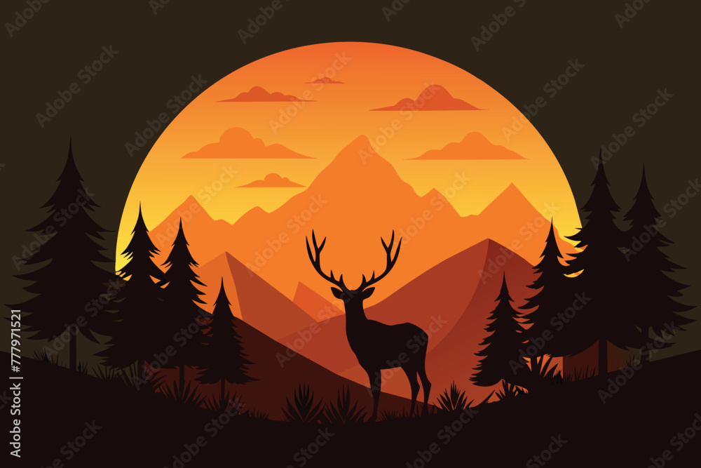 Mountain landscape with deer and forest at sunset vector design