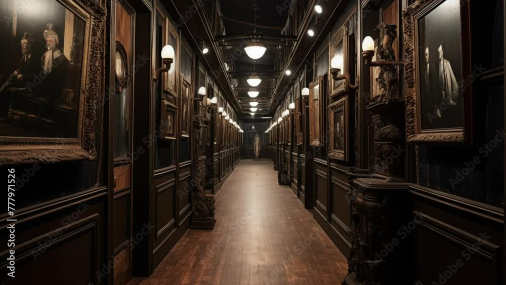 Vintage museum hallway with creepy painting and mysterious statue. Slow motion walking view