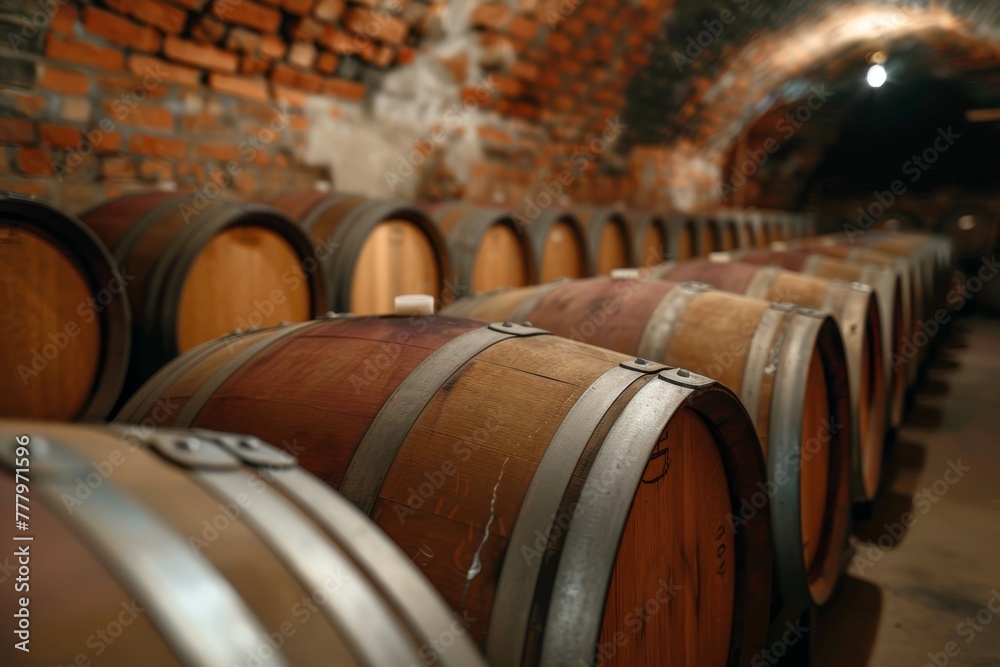 Wine barrels resting in the winery cellar. A rustic scene of craftsmanship and aging.