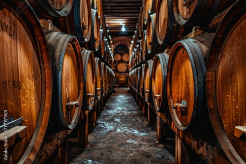 Wine barrels resting in the winery cellar. A rustic scene of craftsmanship and aging. © Uliana