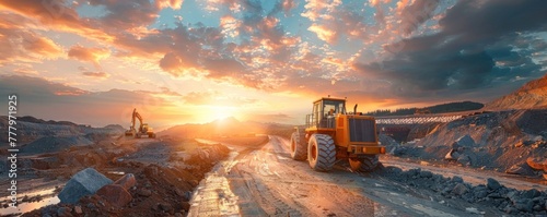Orange grader working on road construction at sunset with beautiful sky background, backhoe in view photo