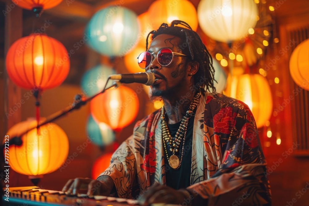 Man singing soul music with keyboard at the club in front of stage lights Man singing soul music with keyboard at the club in front of stage lights