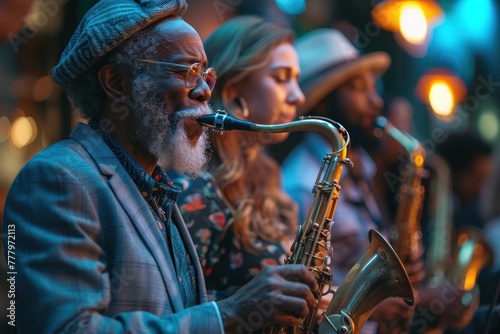 Senior African American Man Playing Saxophone with Jazz Band at Night Festival