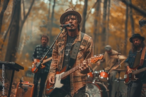 Focused Male Musician Playing Guitar In A Forest With Bandmates In The Background