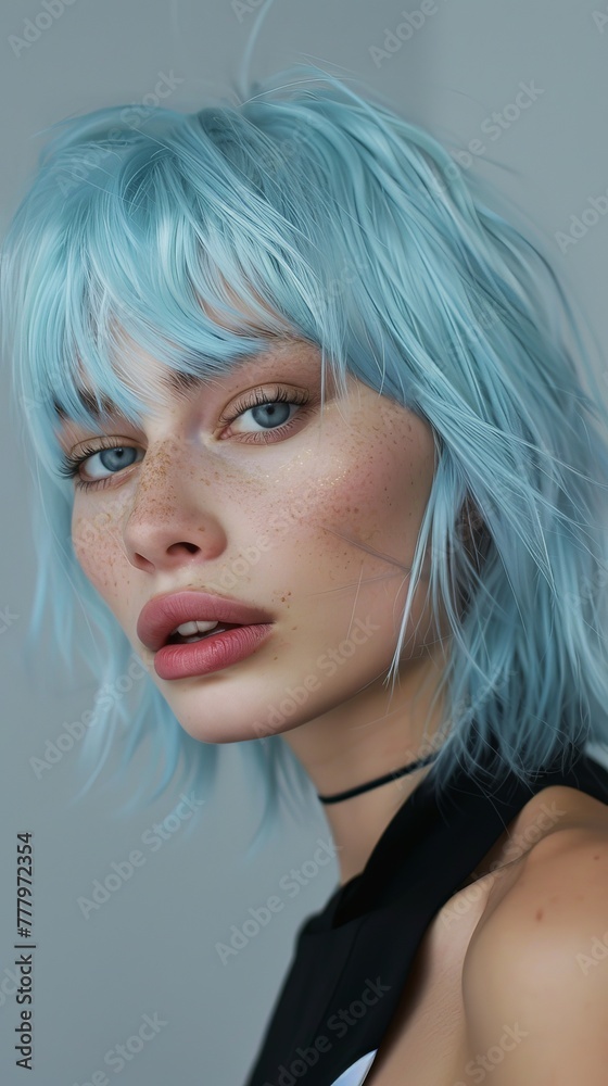 fashion portrait of a young model with light blue colored hair and a short cut