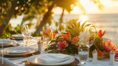 Tropical table setting at sunset with flowers, perfect for travel and dining industries.