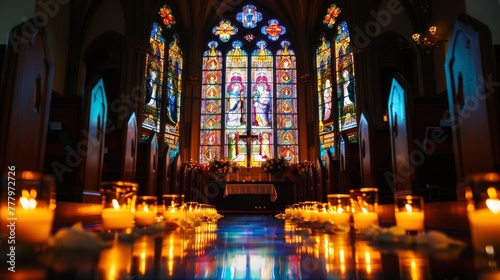 Church interior with sunbeams over flowers, perfect for ceremony backdrops or spiritual articles.