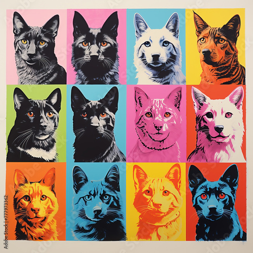 Brightly colored retro 1980s risograph art collage of dogs and cats with shapes and patterns in bright colors.