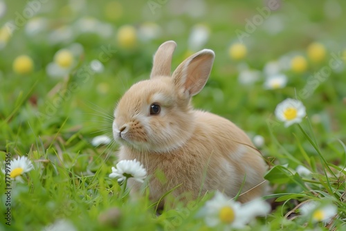 Charming Bunny Frolicking in Idyllic Spring Meadow with Blooming Daisies © milkyway
