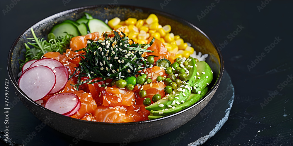 A plate of colorful and nutritious poke bowl with fresh salmon and vegetables, A bowl of food with some meat, vegetables, and rice.
