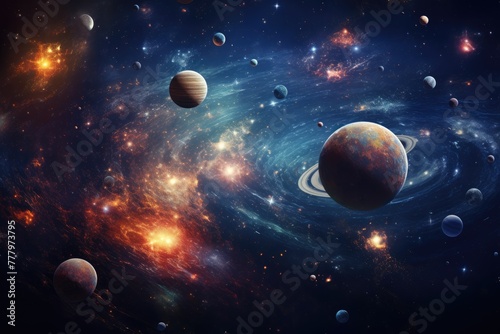 A display of various celestial bodies in a galaxy  Nebula and galaxies in space. Abstract cosmos background  AI generated