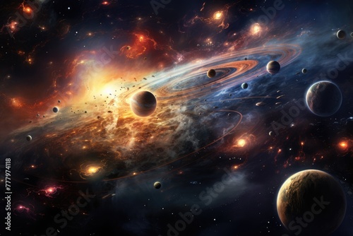 A display of various celestial bodies in a galaxy, Nebula and galaxies in space. Abstract cosmos background, AI generated