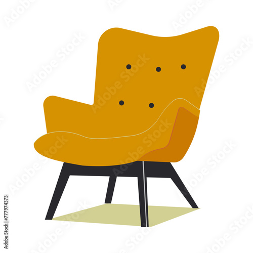 Mustard soft comfortable armchair isolated on white background for interior design. Vector.