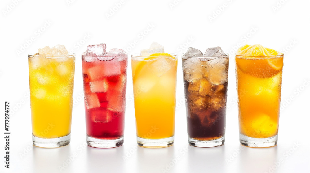 non alcoholic drinks in glasses with ice over white background . Generative Ai