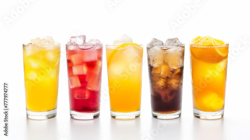 non alcoholic drinks in glasses with ice over white background . Generative Ai