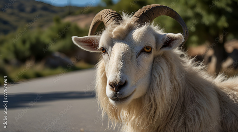 Close-up of shaggy Mediterranean goat with long curly horns on the roadside in Kefalonia, Greece.generative.ai
