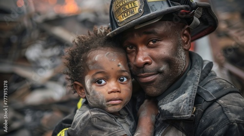 A firefighter appears, courageous, ready to carry a child in his arms.