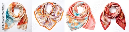collection of silk scarf floral patterns isolated on white background